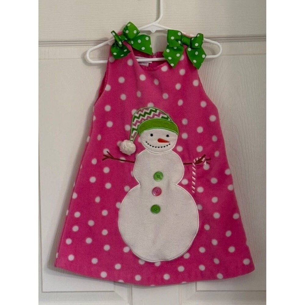 Bonnie Jean Girls Pink Polka Dot Snowman Christmas Holiday Dress Size 4